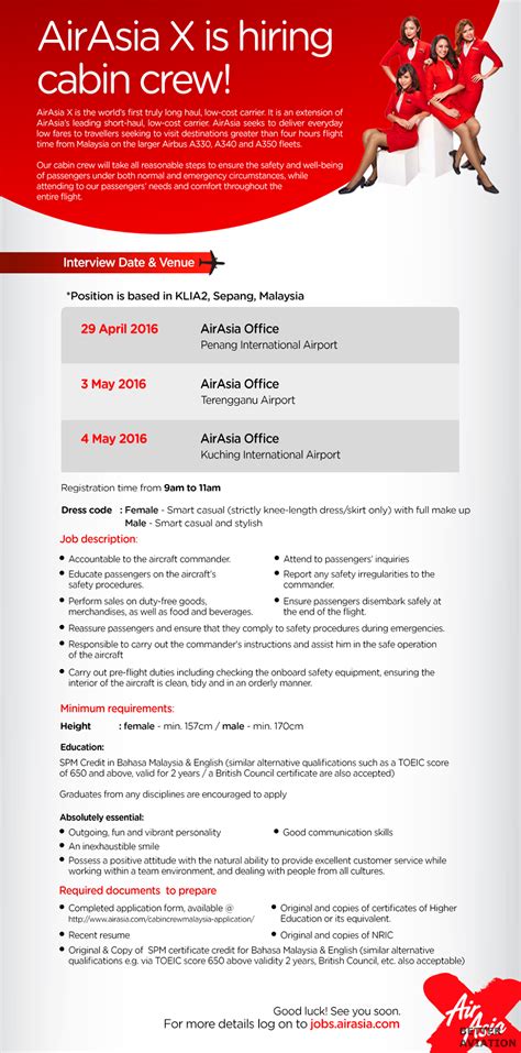Cabin crew members spend a lot of time interacting with passengers, checking they have everything they need. AirAsia X Cabin Crew Walk-in Interview Malaysia (May ...