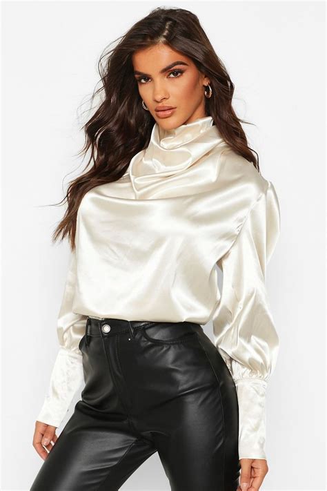 False white peter pan collar faux polyester satin blouse half collared buttontop rated seller. Satin High Neck Oversized Blouse | boohoo in 2020 ...