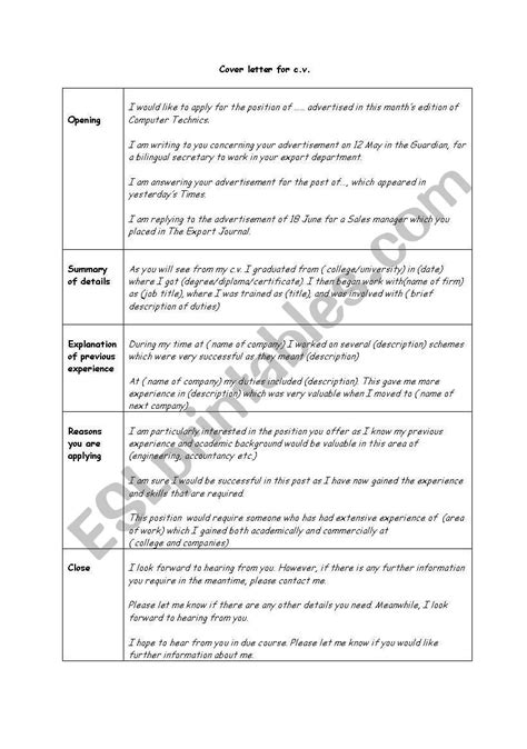 Common phrases to include in cover letters. COVER LETTERS - useful phrases - ESL worksheet by Spinka