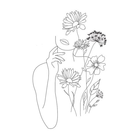 Flower woman line art painting picture home decor. Minimal Line Art Woman with Flowers III Comforters by ...