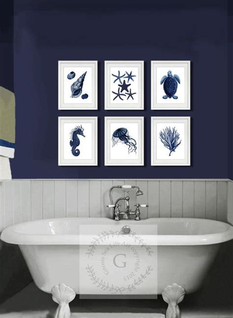 See more ideas about blue bathroom decor, bathroom decor, blue bathroom. Dark Navy Blue Beach Decor set of 6 unframed Coastal ...