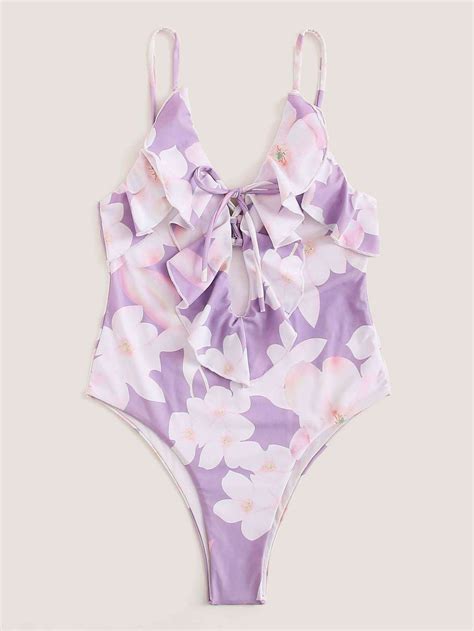 Purple Floral Ruffle Lace-up One Piece Swimsuit Bikini | Bikini swimsuits, One piece, Swimsuits