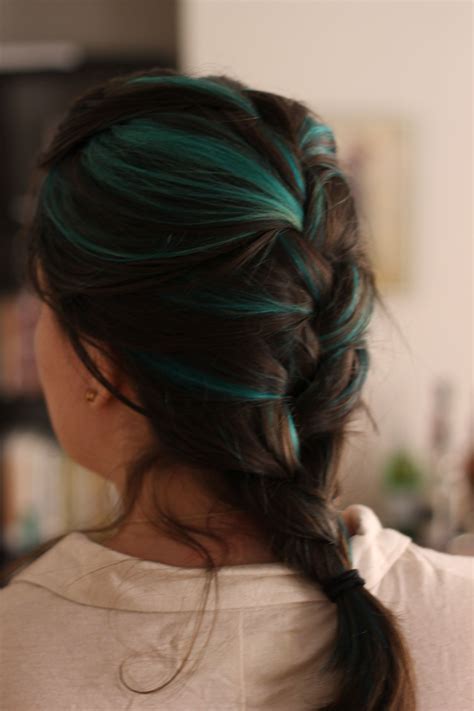 This medium brown hair looks fresh and vibrant with the teal streaks in it. Teal hair streaks, with turquoise ends loveeeee this ...