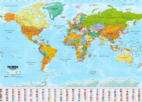 Das kartografische material zeigt unter anderem die verschiedenen länder, meeresströmungen sowie. Weltkarten Poster - XXL Weltposter mit Fahnen - Geheimshop.de
