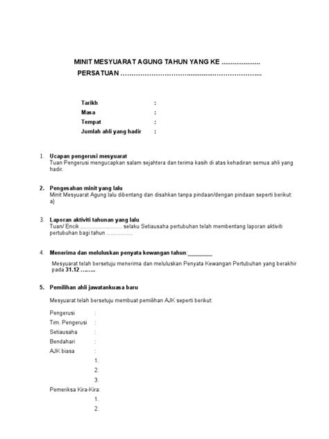 Templat minit mesyuarat, nota dan agenda. Contoh Minit Mesyuarat Agung