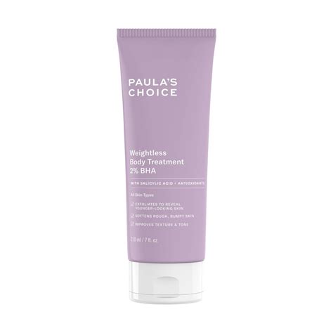 It contains 2% salicylic acid and is formulated within the appropriate ph range to unclog pores, even for those with skin prone to cystic acne. Paula's Choice Weightless Body Treatment 2% BHA (Salicylic ...