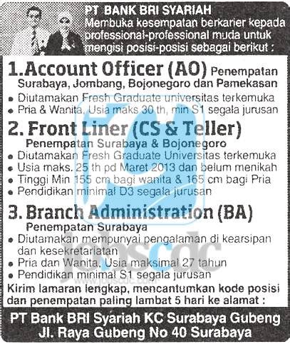Disini kami bermaksud ingin memberi tahu anda mengenai jam kerja bri. Lowongan PT Bank BRI Syariah KC Surabaya Gubeng Februari ...