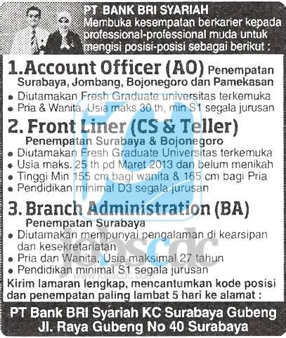 Informasi yang anda cari adalah loker driver b2 palembang. Lowongan PT Bank BRI Syariah KC Surabaya Gubeng Februari ...