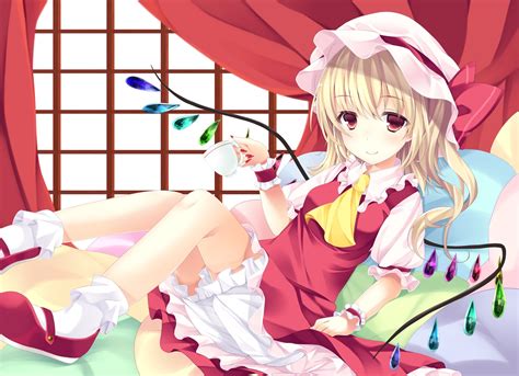 I may be down, but i'm not out! ajiriko blonde hair bloomers drink flandre scarlet hat red eyes socks touhou vampire wings ...