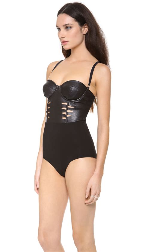 Noticeably cute and sustainable bodysuits. Willow Leather Corset Bodysuit in Black - Lyst