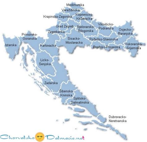 Rozprestiera sa od veľkej panónskej nížiny cez pohorie dinara až k pobrežiu jadranského mora. Mapa Chorvatsko Regiony