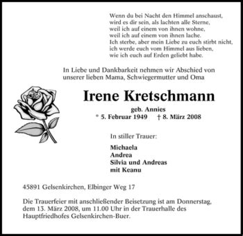 Gerlinde (l) und winfried kretschmann: Traueranzeigen von Irene Kretschmann | WAZ.Trauer.de