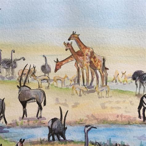 Detail of watercolor painting showing giraffes gathered at ...