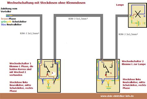 Zwei lichtschalter für zwei lampen durch ein lichtschalter und zwei lampen.: Wechselschaltung mit Steckdosen verkabeln und anschließen