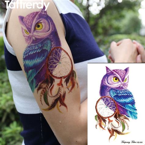 An owl tattoo with a splash of color! 1piece Temporary Tattoo Color Owl dream catcher tattoos ...