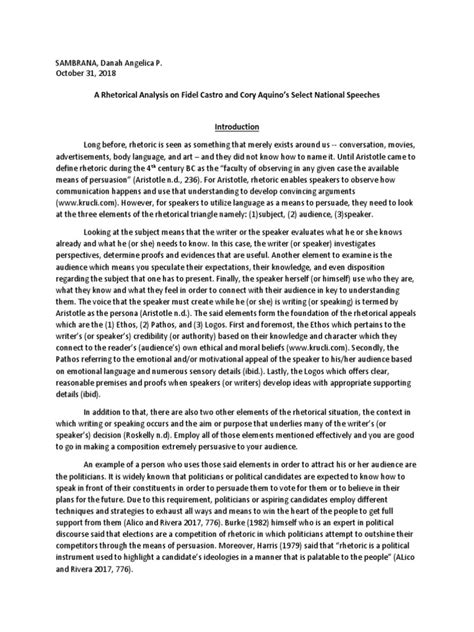 One time, when two cabinet officials were having a. A Rhetorical Analysis on Fidel Castro and Cory Aquino's ...