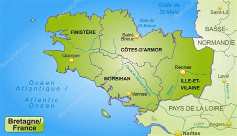 Map of brittany is also showing the political boundaries of the region along with the water bodies. Karte der Bretagne — Stockvektor © artalis #40896225