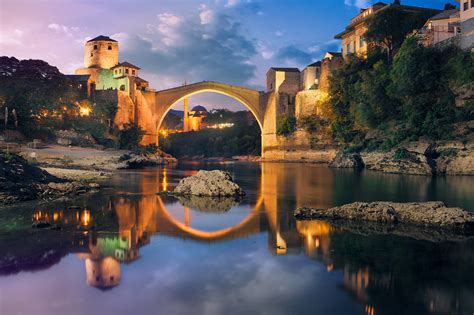 Обои природа, пейзаж, Bosnia, Босния, река, берега, дома, мост, Старый ...