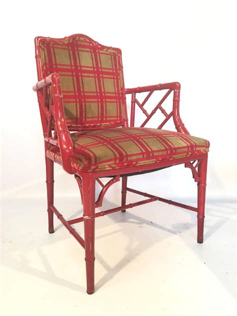 Add special look to your home with a stylish red color dining chairs by top furniture manufacturers. Red Faux Bamboo Chippendale Dining Arm Chairs For Sale at 1stdibs