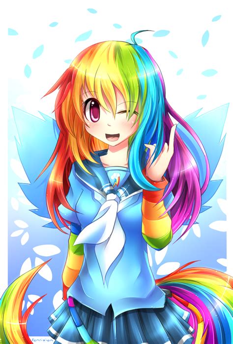 Tokoh ini memiliki tubuh berwarna biru langit dengan surai berwarna pelangi. MLP Gakusei : Rainbow Dash by Fenrixion on DeviantArt