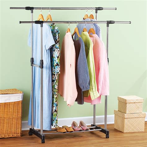 This double bar garment rack features a v brace for additional stability, two 60 long adjustable height display rails that combine offer 120 of clothing this double rail pipe clothing rack (frame only) features a connection for a topper shelf, two 48 display rails, four rolling casters and plumbing pipe. Rolling Double Garment Clothing Rack | Collections Etc.