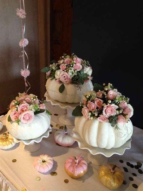 The pretty watercolor pumpkin and pink floral arrangements are just too cute. White pumpkin and baby pink roses for "little pumpkin ...