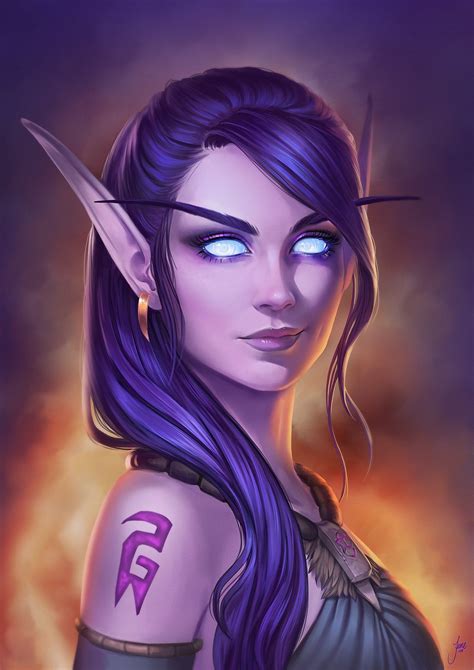 Undercut ponytail (hair pb, ponytail). Adorable Void Elf girl portrait: WOW character digital art ...