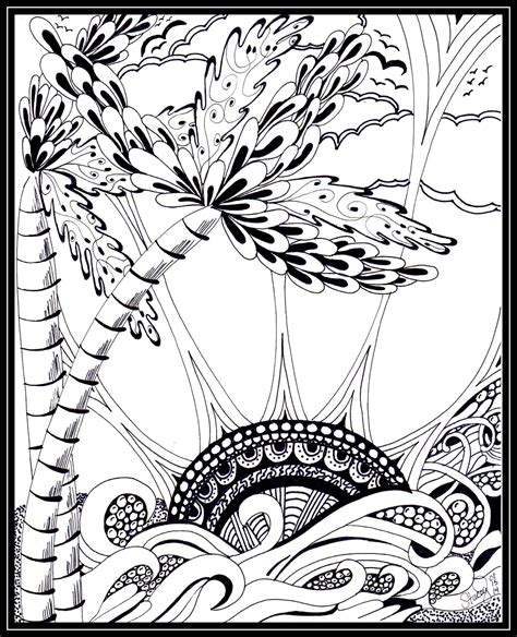 To print the coloring page: Tropical Zentangle Palm Trees Sun Water | Coloring pages ...