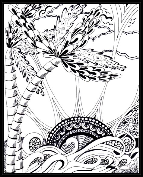 Hand drawn floral frame for adult coloring pages, artistically ethnic ornamental patterned circle with romantic doodle elements of st. Tropical Zentangle Palm Trees Sun Water | Coloring pages ...