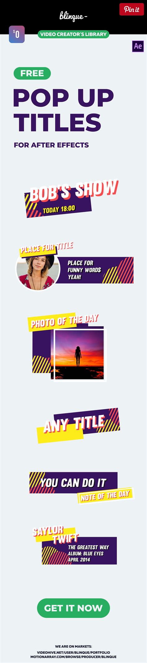 3d pop up photo book is a beautiful after effects template with a dynamically animated book that elegantly opens up to reveal your pop up media. Free Pop Up Titles is pack of 6 stylish animated titles ...