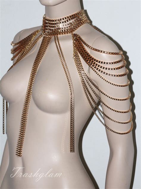 High quality body jewelry from queen's gold is created in 14k yellow gold, 14k rose gold, platinum and diamonds. MAJESTY rose gold chains Epaulettes body chain shoulder jewellery choker statement necklace ...