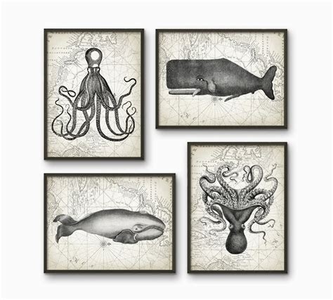 Buy factory direct from handcrafted sealife decor and enjoy fast & free shipping! Whales And Octopus Bathroom Print Set of 4 Bathroom Decor