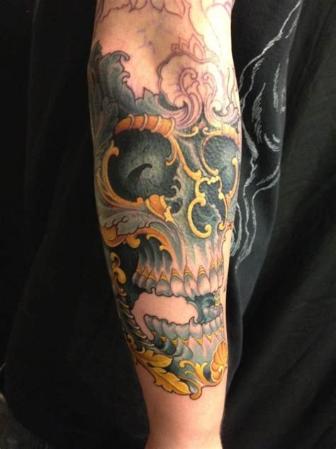 Beside the skull it shows a koi fish fighting with water stream and couple chrysanthemum flowers. Image result for tibetan kapala | Tattoos, Candy skull ...