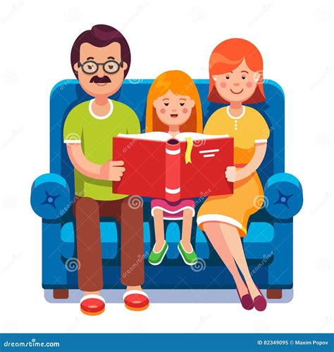 Mom, Dad and Daughter Reading Story Book Together Stock Vector