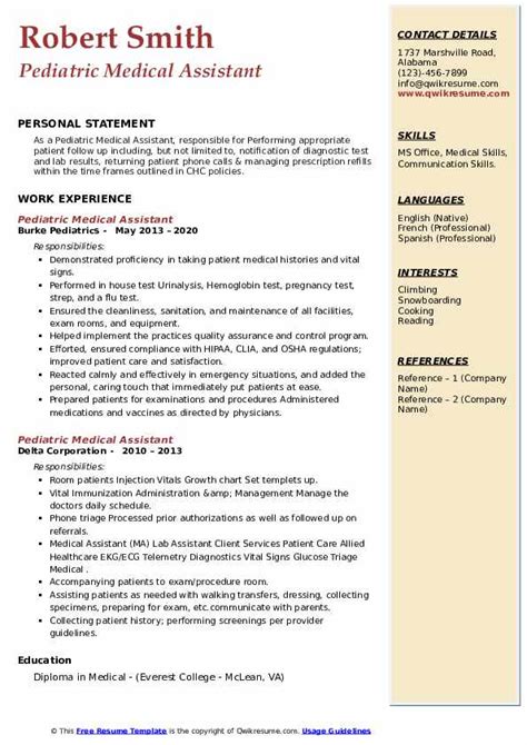 Check actionable resume formatting tips and resume. Pediatric Medical Assistant Resume Samples | QwikResume