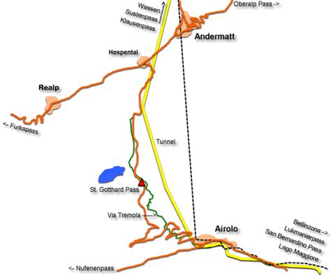 Archived from the original on 12 june 2016. Saint Gotthard pass, European Alps road, detailed regional map