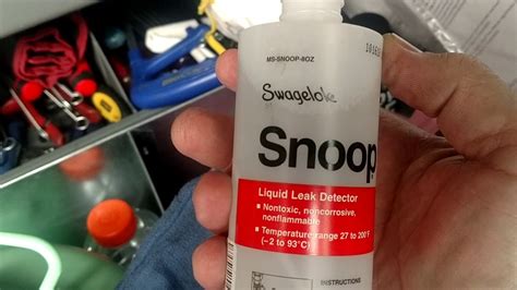 Snoop is recommended for use in leak testing any pressurized gas system such as air, argon there is no need to invert the snoop bottle. Finally got me some Snoop Leak Detector. Put it right ...