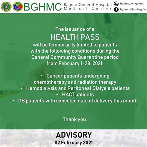Malacañang palace announced that the metro manila, cordillera administrative region (car), and other areas will be under gcq next month. BGHMC Limits Issuance of Health Pass to the Patients with ...