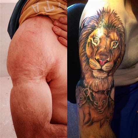 When covering a tattoo, the new tattoo is always going to be bigger; Cover Up cicatriz de quemadura. Familia de leones Full color Brazo #coveruptattoo #scarcoverup # ...