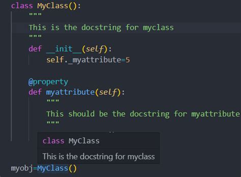 Unlike conventional source code comments, or even specifically formatted comments like javadoc documentation, docstrings are not stripped from the source tree when it is parsed and are retained throughout the runtime of the program. Python @property docstrings not working : vscode