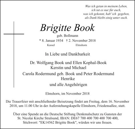 Dazu haben wir auch anregungen für weitere sinnvolle maßnahmen an politik, wirtschaft und verbände weitergegeben. Brigitte Book : Traueranzeige : Elmshorner Nachrichten