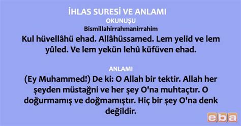 İhlas suresi türkçe okunuşu, diyanet meali, anlamı ve arapça yazılışı gibi pek çok bilgiye sayfamızdan ulaşabilirsiniz. İhlâs Suresi ve Anlamı - 17 Aralık 2012 | Görsel - Eğitim ...