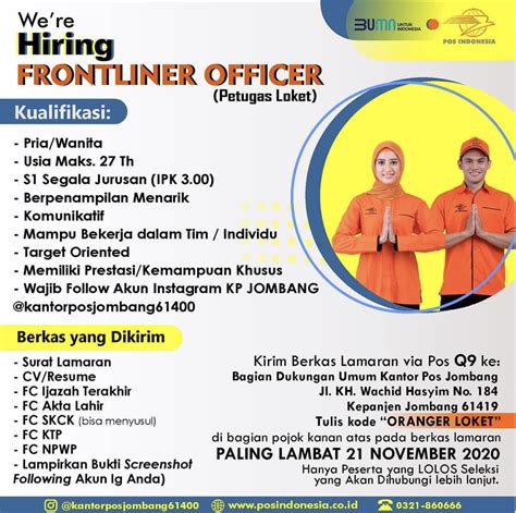 Pt pos indonesia (persero) merupakan sebuah badan usaha milik negara (bumn) indonesia yang bergerak di bidang layanan pos. Lowongan Kerja Frontliner Officer Kantor Pos - Semua Jurusan