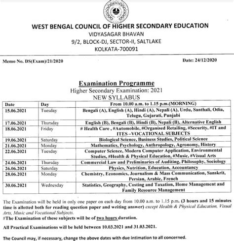 Click examination link in menu bar step 4. WB HS Exam Routine 2021 { Final } PDF wbchse.nic.in Class ...