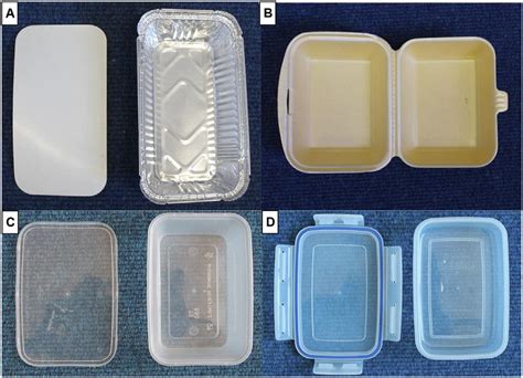 Made from flexible polystyrene and a hinged lid. Types of food containers considered in the study. A ...