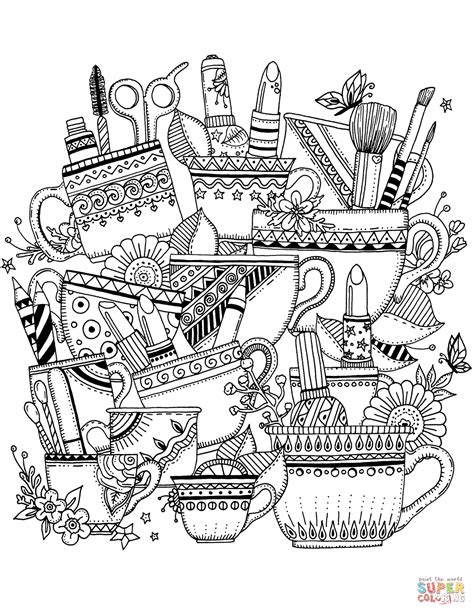 Freehand sketch drawing with doodle and zentangle elements. Zentangle with Cups coloring page | Free Printable ...
