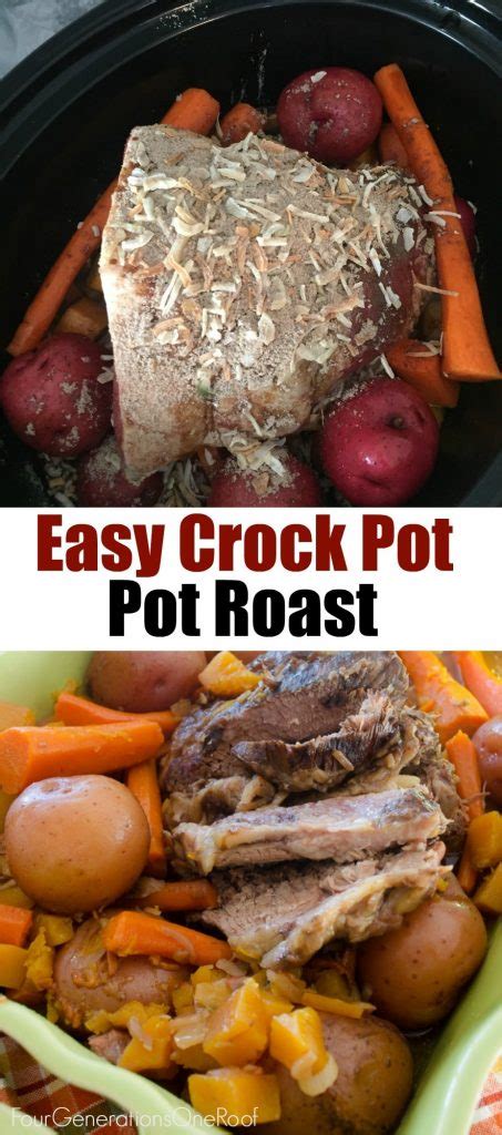 Step 1 **spray crock pot with cooking spray** step 2 place thinly sliced celery on the bottom of crock pot, add carrots and quartered potatoes, then roast. Mom's Crock Pot Pot Roast - Four Generations One Roof
