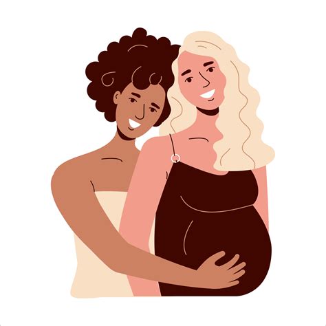 Pregnant women smile. Lesbian girlfriends are married and will have a baby. Interracial lgbt