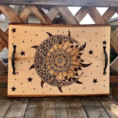 Wood burning tray floral pattern. Sun and Moon with Stars Serving Tray Cheese Tray Kitchen ...