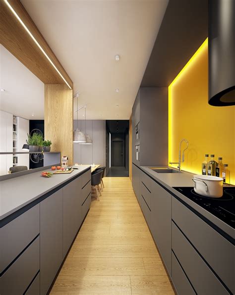 Yellow is the color for retro kitchen designs in the 1940s and 50s style, which is great for kitchen cabinets, fining furniture and kitchen islands when paired with wood finishes or painted cabinetry in white, green, blue or cream. Yellow and Grey Kitchen - TheBestWoodFurniture.com